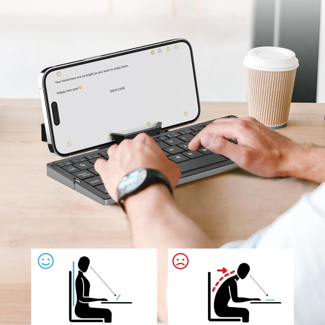 Teclado plegable bluetooth con soporte para movil y tablet.